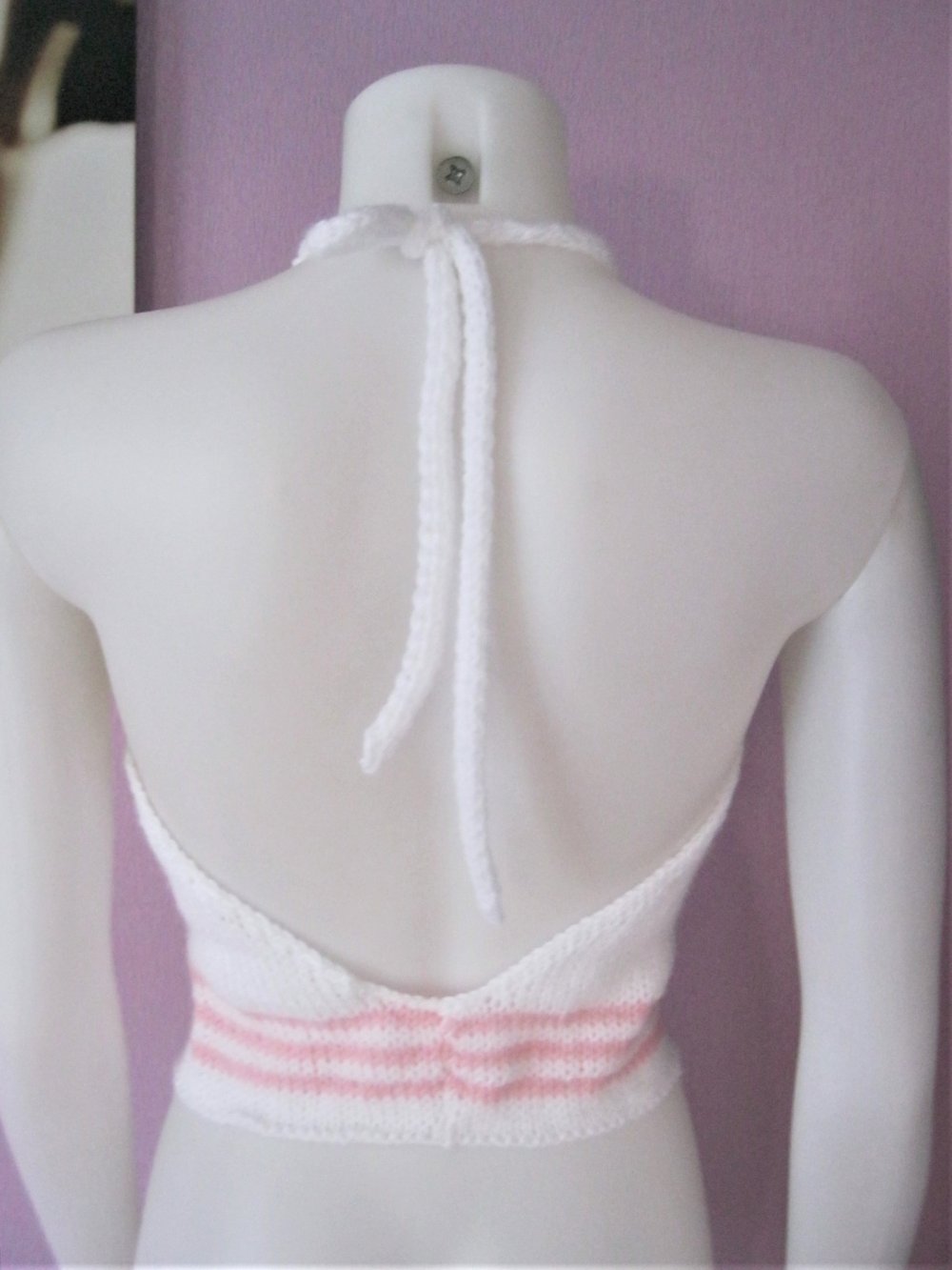 NEU Neckholder-Top gestrickt Handmade Blumen Weiß/Rosa S-M