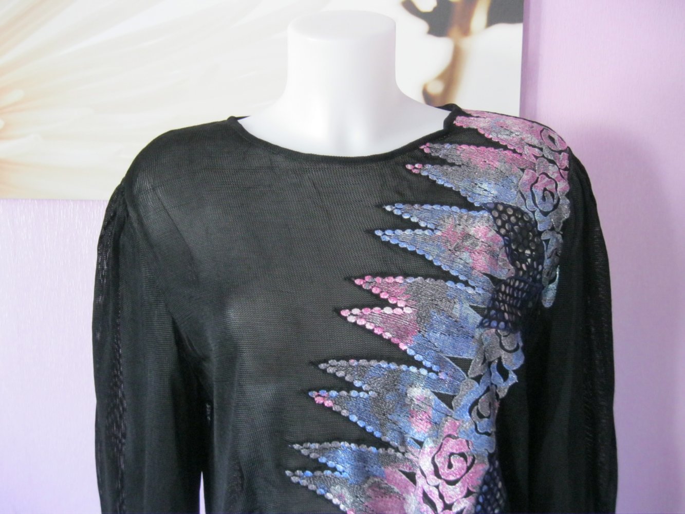 Hauser Wodell Vintage 60er-Jahre Feinstrickpulli Stickerei Schwarz/Bunt 42