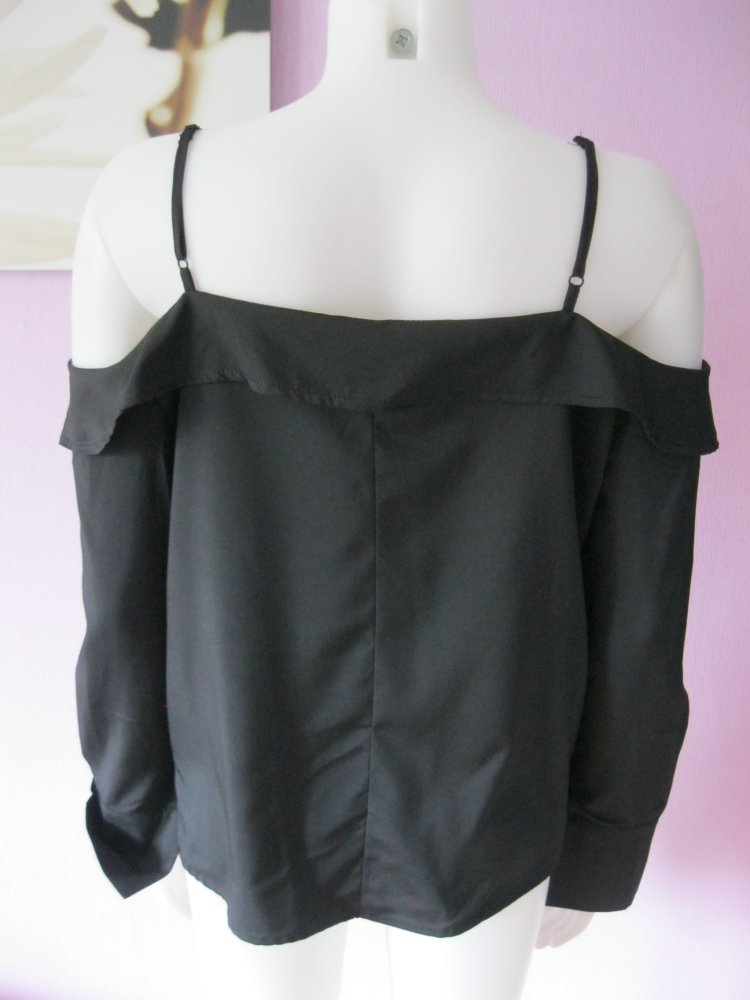 NEU Bluse langärmlig schulterfrei Volants Baumwolle Schwarz L