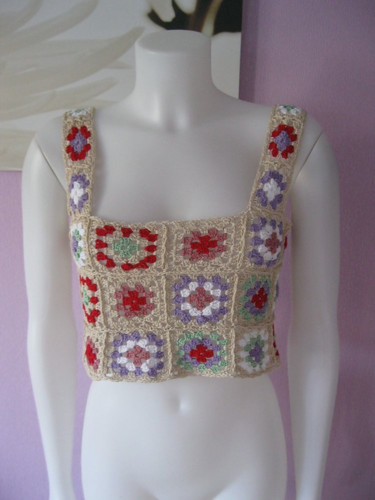 Crop Top Vintage Baumwolle Unikat beige/bunt S/M