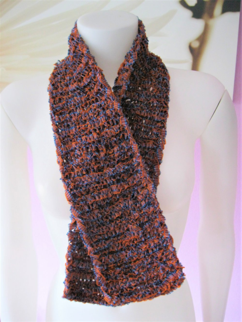 NEU ärmelloser Pulli/Pullunder mit Schal gestrickt Handmade Blau/orange meliert S-L