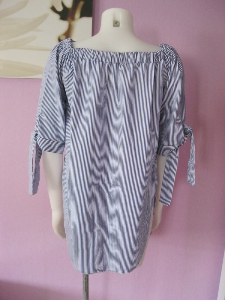 Bluse # gestreift # Halbarm # Carmen-Ausschnitt # Blau/Weiß # Baumwolle #  38