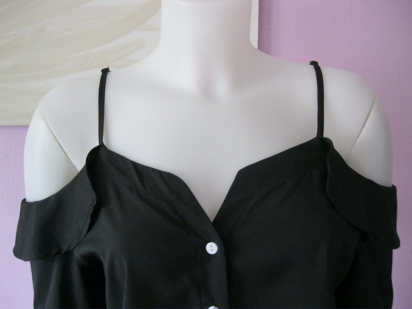 NEU Bluse langärmlig schulterfrei Volants Baumwolle Schwarz L