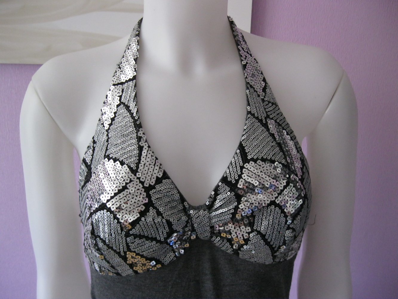 Minikleid # Neckholder # Volants# grau/silber # S/M