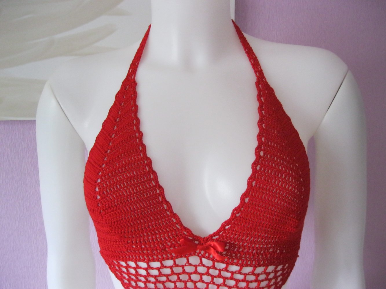 Bikini-Oberteil  Handmade  Netzspitze100% Baumwolle rot Vintage Cup A/B