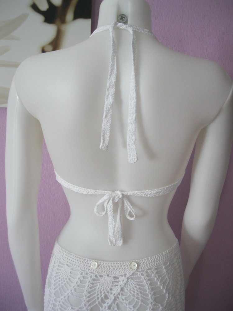 NEU Bikini-Oberteil mit Rock Handmade gehäkelt 100% Baumwolle Weiß XS/S Cup A
