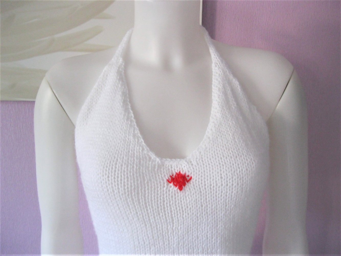 NEU Neckholder-Top gestrickt Handmade Rautenmuster Weiß/Rot S-M