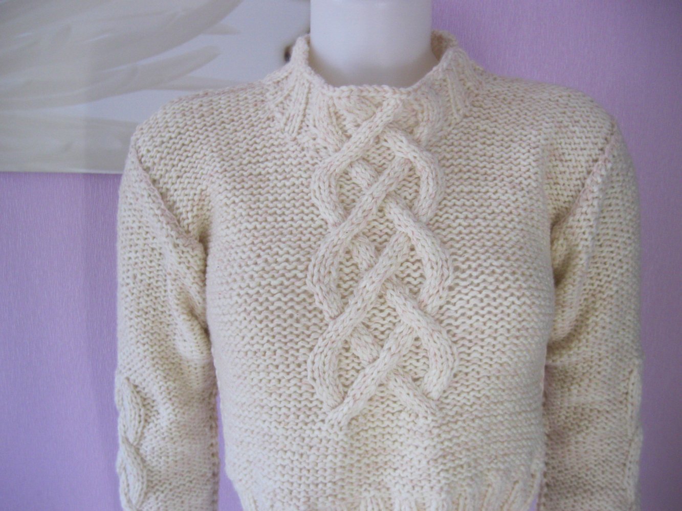 NEU Strickpullover Handmade 50% Schurwolle beige Stehkragen Cropped 36-40