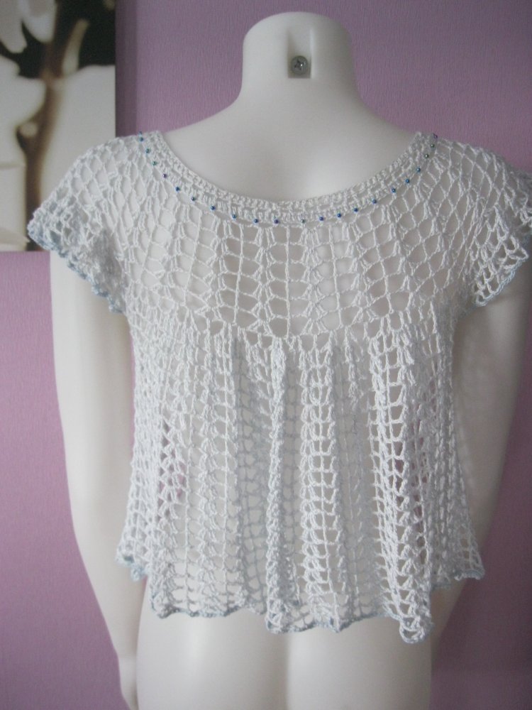 NEU Häkel-Shirt Bluse Baumwolle/Viskose Perlen blau Handmade S-L Hellblau