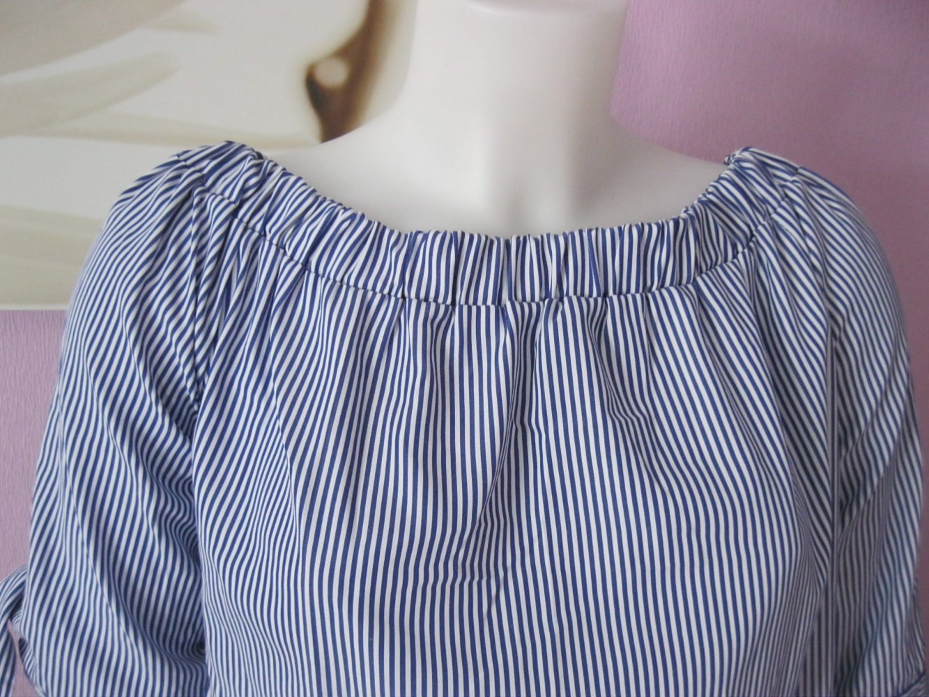 Bluse # gestreift # Halbarm # Carmen-Ausschnitt # Blau/Weiß # Baumwolle #  38