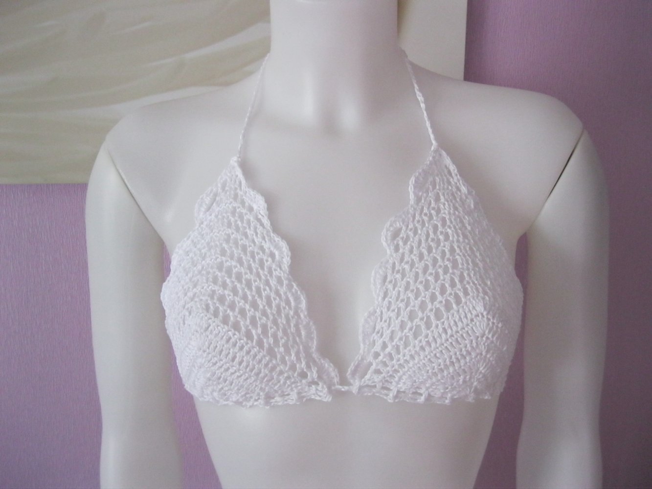 NEU Bikini-Oberteil Retro-Design Weiss Handmade 100% Baumwolle Cup B/C