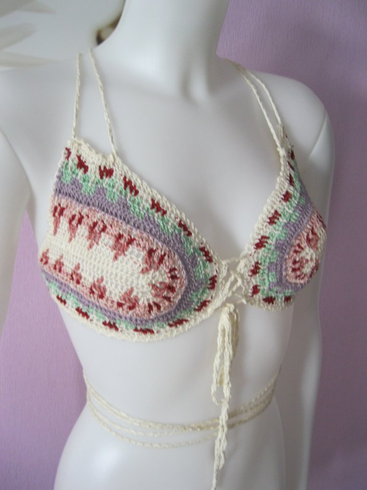 NEU Bikini-Top gehäkelt Unikat mehrfarbig 100% Baumwolle Einheitsgröße