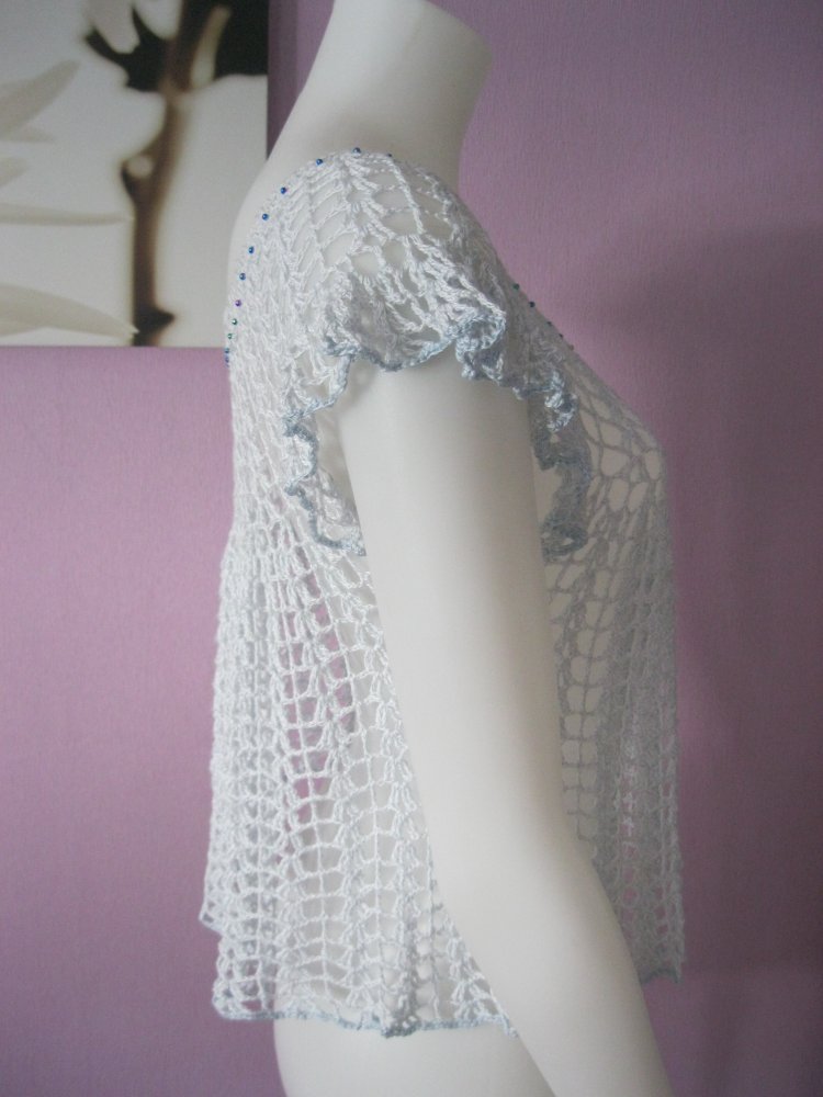 NEU Häkel-Shirt Bluse Baumwolle/Viskose Perlen blau Handmade S-L Hellblau