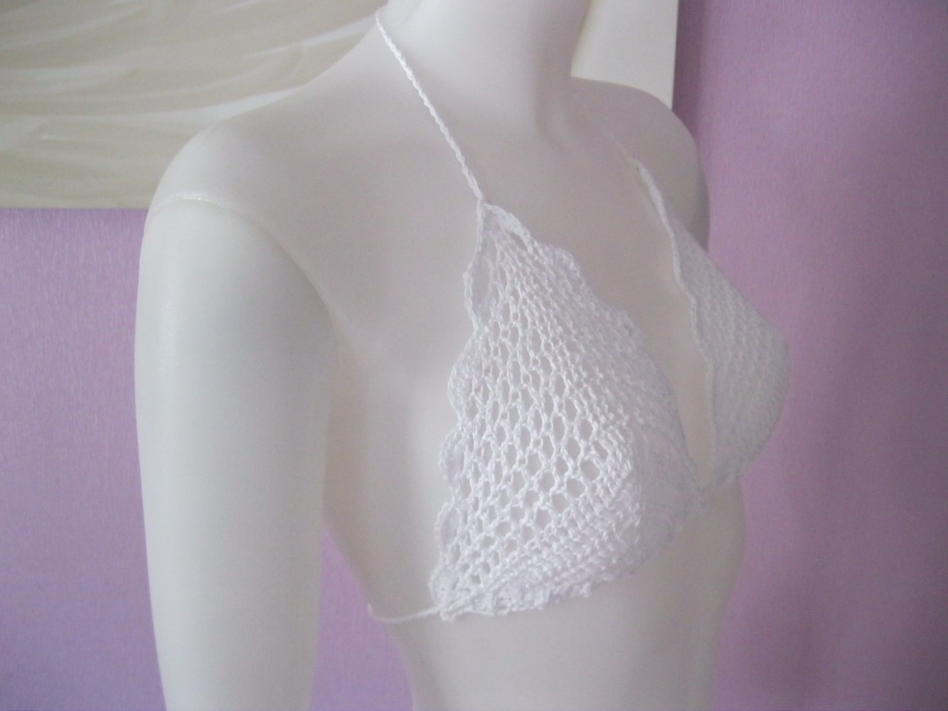 NEU Bikini-Oberteil Retro-Design Weiss Handmade 100% Baumwolle Cup B/C