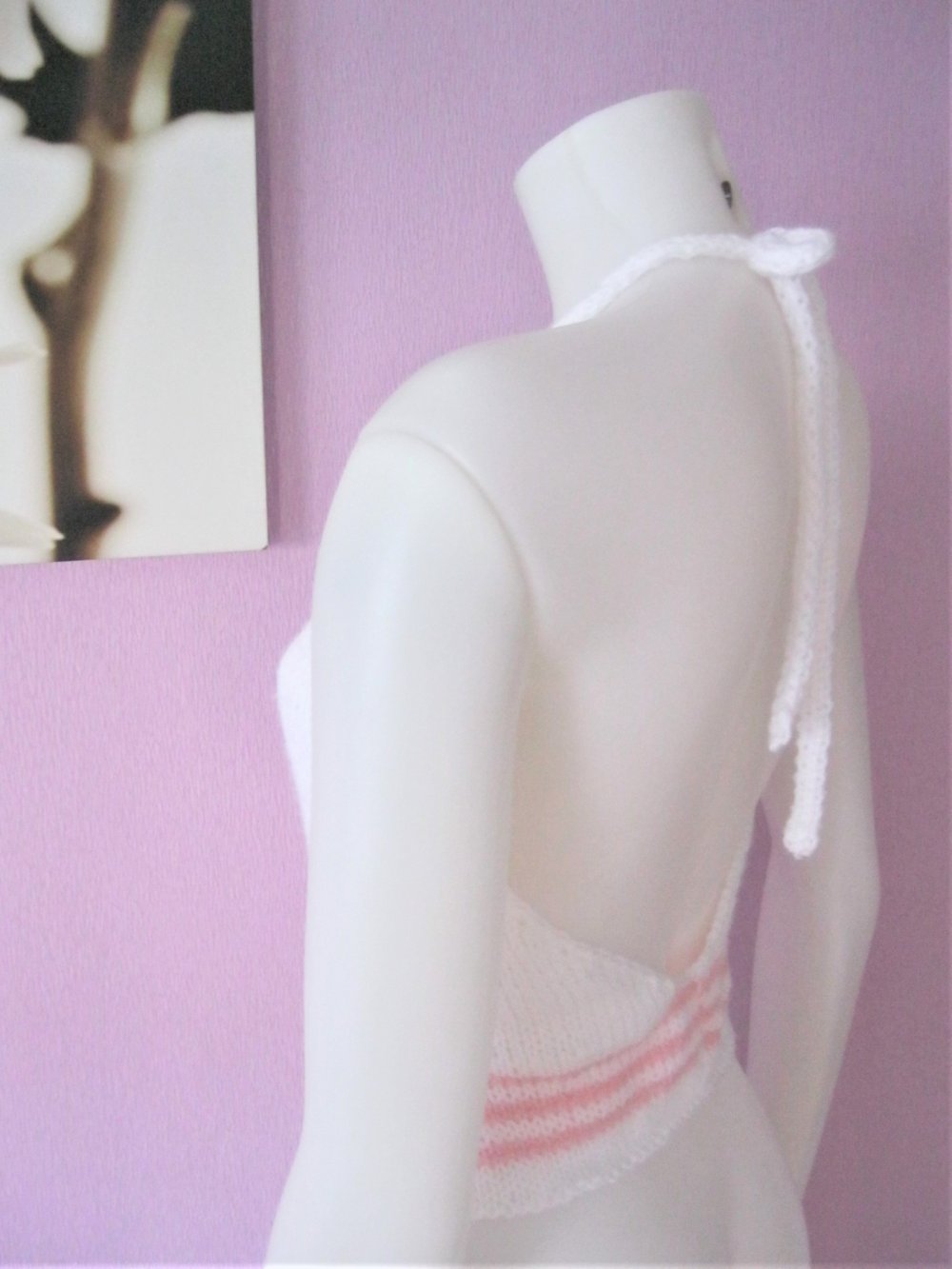 NEU Neckholder-Top gestrickt Handmade Blumen Weiß/Rosa S-M