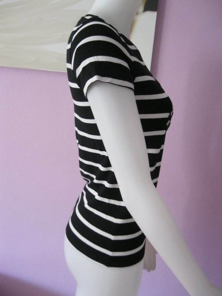 T-Shirt # gestreift # Strass # Schwarz/Weiß # kurzärmlig # S