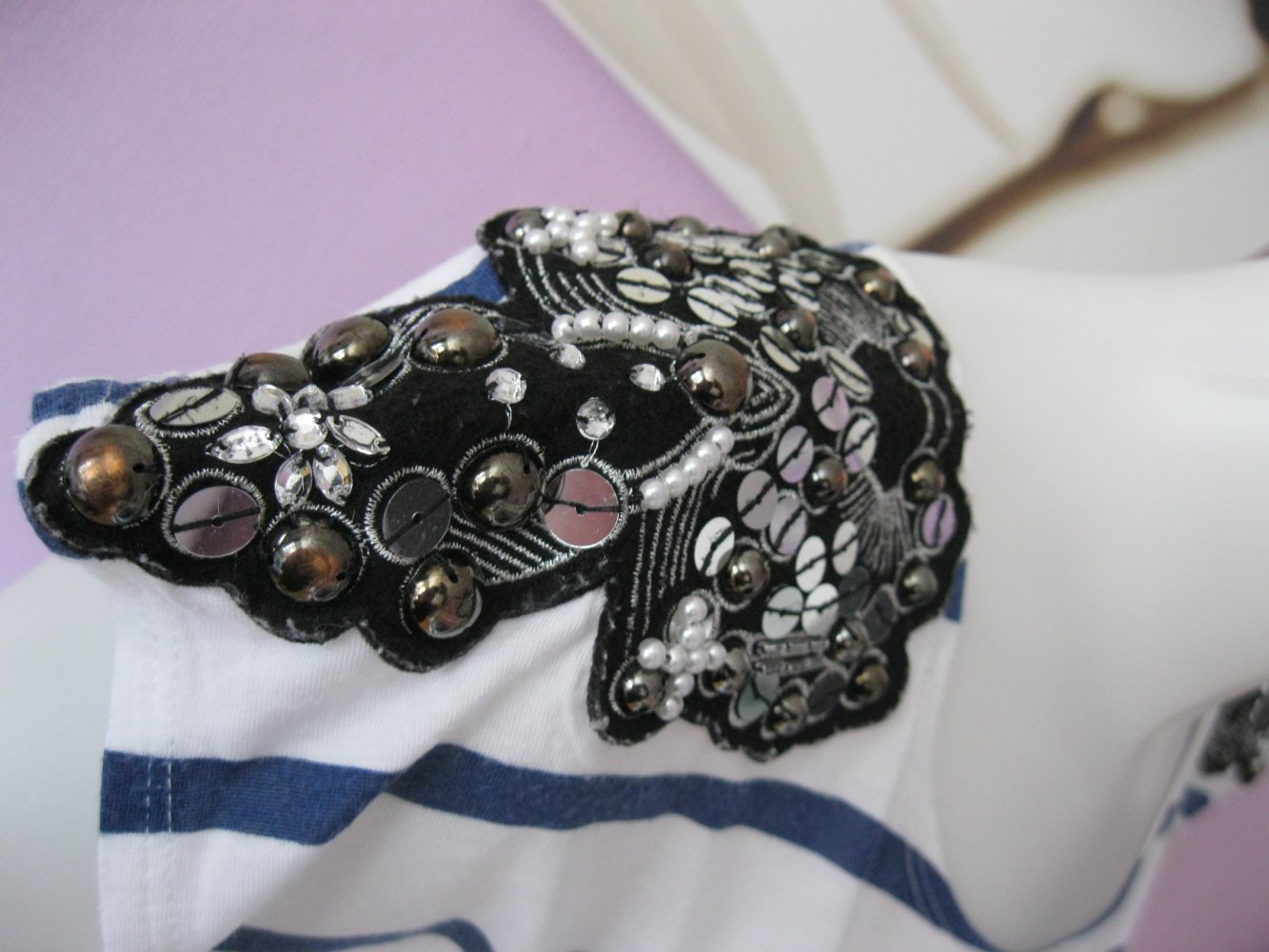 Long-Shirt # Kurzarm # H&M # gestreift # Blau/Weiß # Strass/Nieten/Perlen # 34