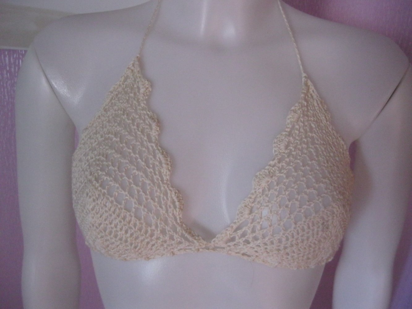 NEU Bikini-Oberteil 100% Baumwolle Retro-Design Handmade Creme Cup A/B