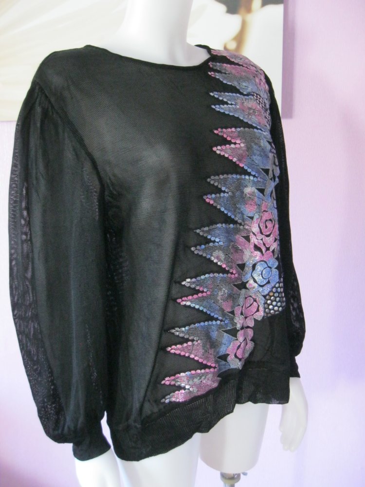 Hauser Wodell Vintage 60er-Jahre Feinstrickpulli Stickerei Schwarz/Bunt 42