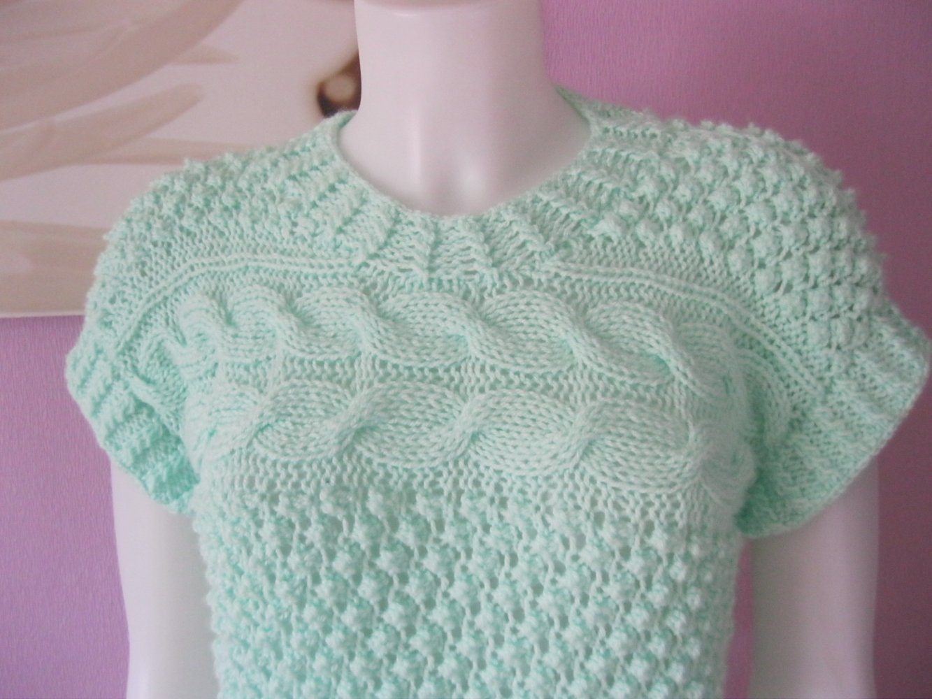 NEU Pullover kurzärmlig gestrickt Handmade Aqua/Mintgrün S-L / Oversize