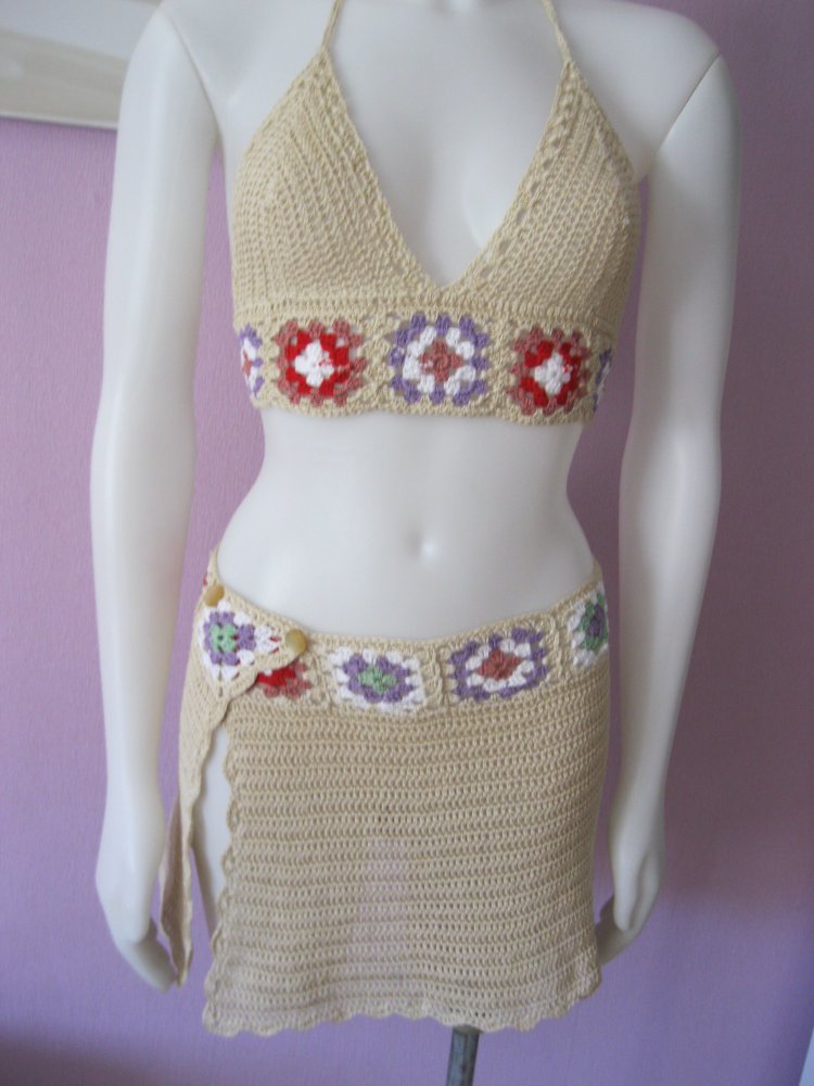 2-Teiler Rock + Neckholder-Top 100% Baumwolle Cup A/B beige/bunt