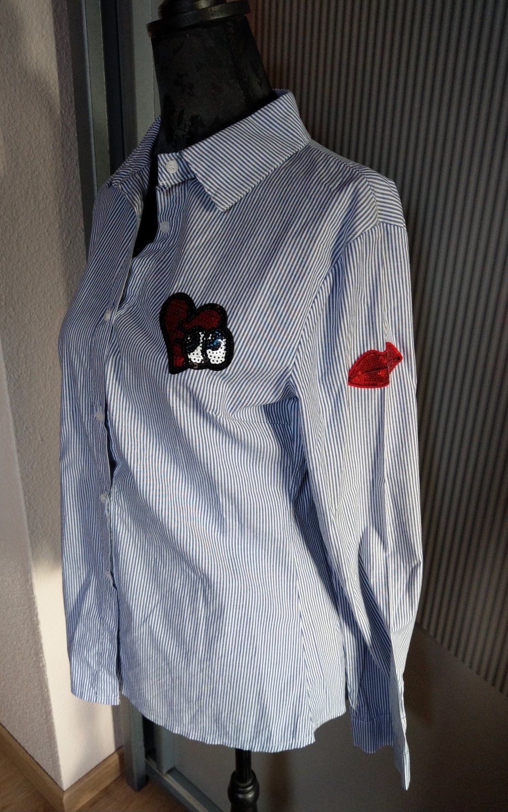 Bluse Shirt blau weiß gestreift Pailletten Made in itlay 