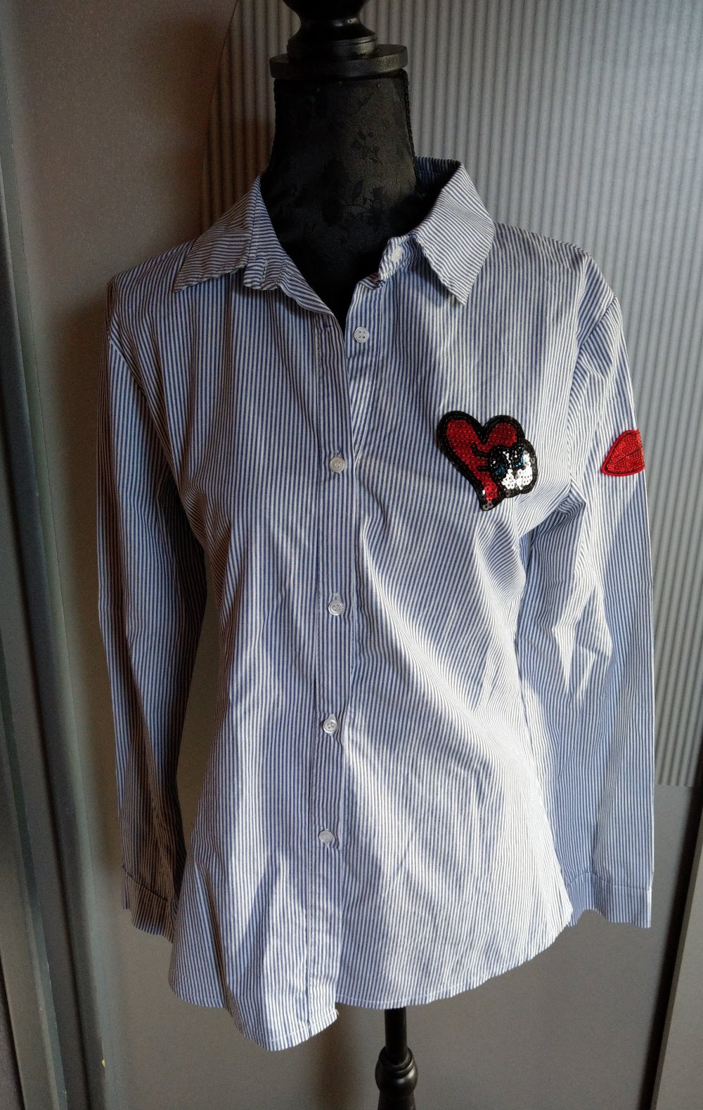 Bluse Shirt blau weiß gestreift Pailletten Made in itlay 