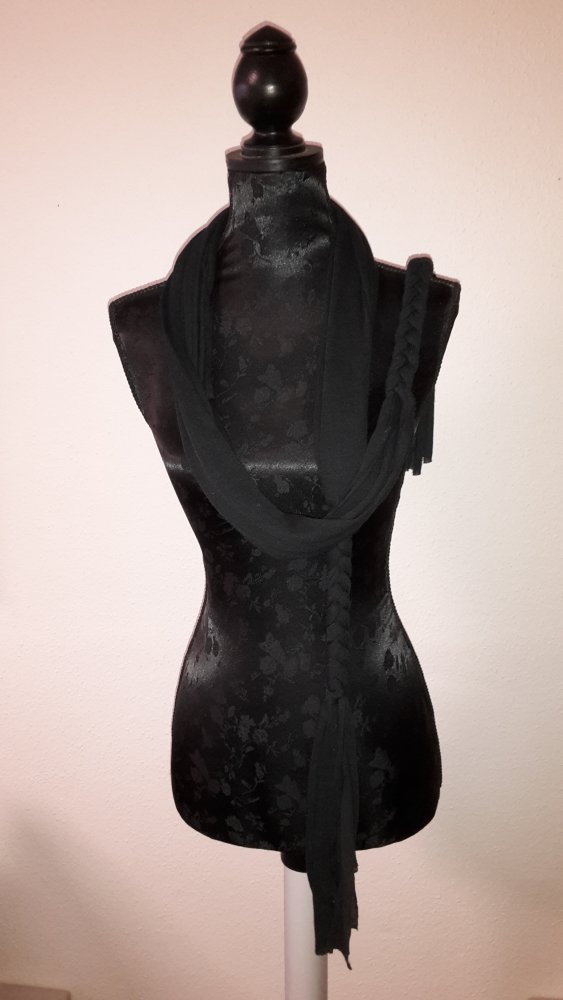 Schal mit Fransen, Tuch, geflochtenes Zwischenstück, Accessoires, schwarz, gebraucht