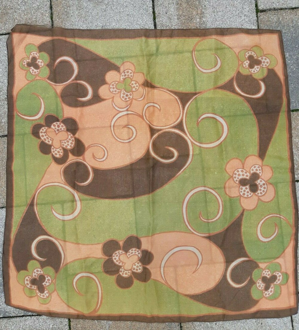 TUCH SCHAL QUADRATISCH 68x66cm TRUE VINTAGE 60er 70er BLUMEN braun grün koralle