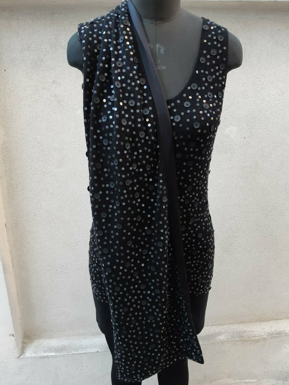 KLEID LONGTOP LUISA CERANO Gr. 40 SCHWARZ PAILETTEN m. SCHAL 80% Schurwolle 20% Seide 