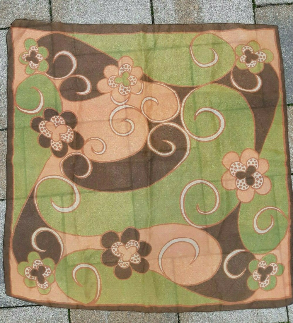 TUCH SCHAL QUADRATISCH 68x66cm TRUE VINTAGE 60er 70er BLUMEN braun grün koralle