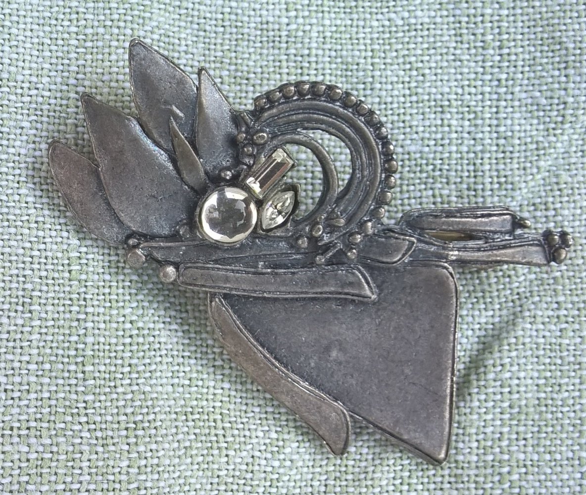 Brosche silber Metall mit Glitzersteinen True Vintage 60er 70er  Maße: ca.6 x 4,5cm