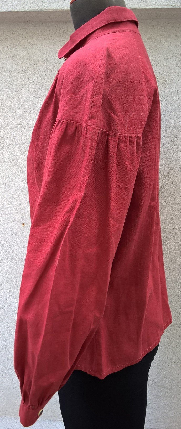 BLUSE LANGARM TRACHTEN Gr. 38 WEIN ROT LEINEN BUBIKRAGEN TRUE VINTAGE