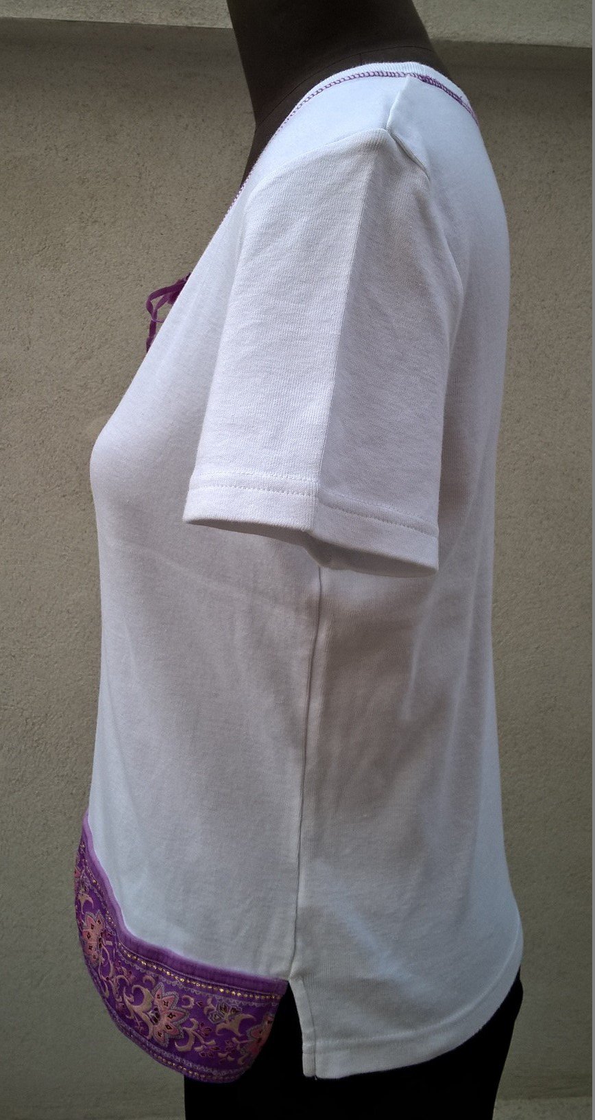 Oberteil Bluse Baumwolle weiss lila rosa Bordüre Gr. 40, 42