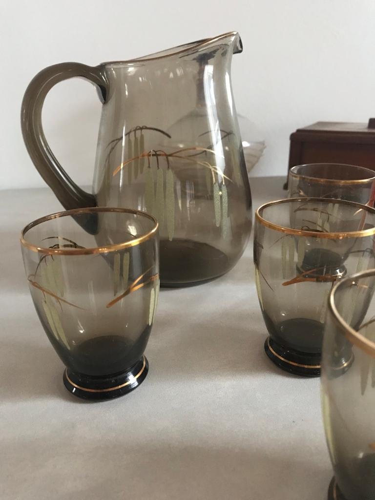 Krug Glas Henkelkrug 60s Rauchglas Set Motiv Ähre Midcentury Deko Bauhaus Aerea Cottage rare Karaffe Antik