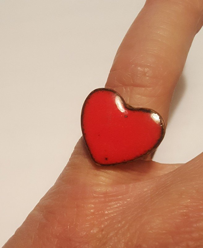Ring verstellbar, Vintage Shabby, 70s, Emaille Herz Kupfer, SX, Art Deco Style, Vintage Lover, Heard`s Unique, Herzring rot-braun, Anthik Look