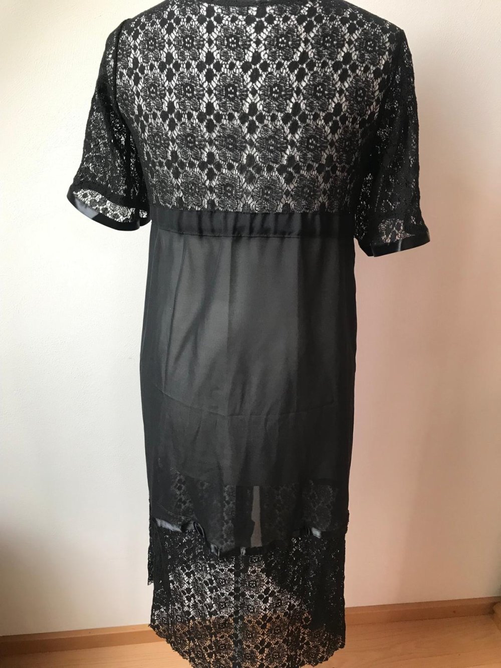 Kimono Negligé L/XL schwarz Morgenmantel Spitze Nachtkleid Bademantel Kurzarm 