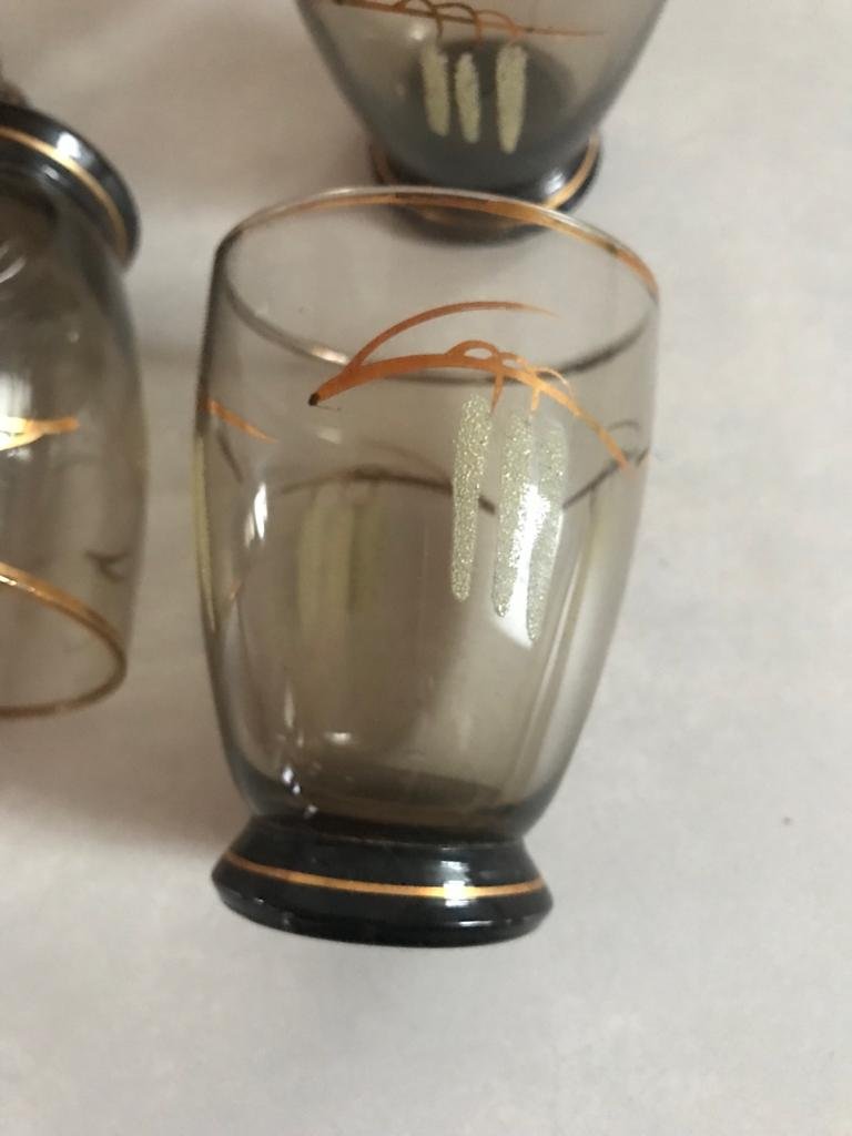 Krug Glas Henkelkrug 60s Rauchglas Set Motiv Ähre Midcentury Deko Bauhaus Aerea Cottage rare Karaffe Antik