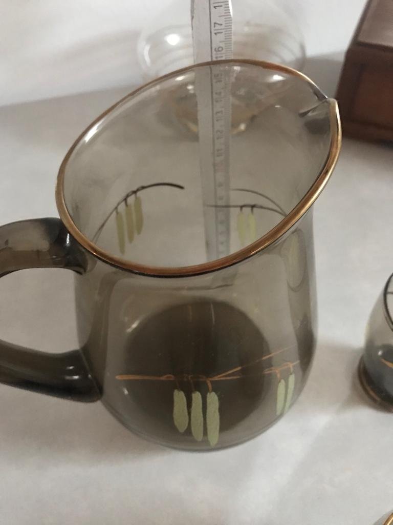 Krug Glas Henkelkrug 60s Rauchglas Set Motiv Ähre Midcentury Deko Bauhaus Aerea Cottage rare Karaffe Antik