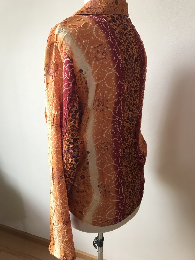 Ethno Bluse Kimono Knüpfbluse 46 Knotenbluse Ibizastyle  Wickelbluse Hemd Orangebraun wandelbares Oberteil Krinkle Vintagelove
