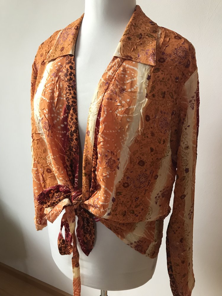 Ethno Bluse Kimono Knüpfbluse 46 Knotenbluse Ibizastyle  Wickelbluse Hemd Orangebraun wandelbares Oberteil Krinkle Vintagelove