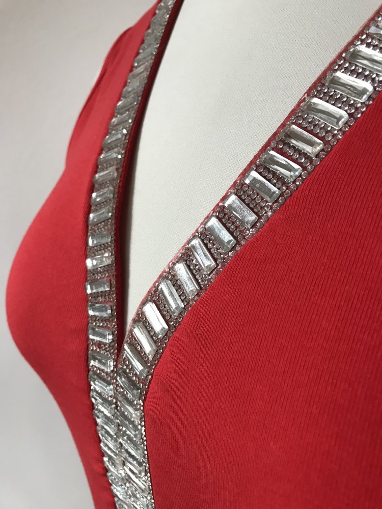 Oberteil Top Sexy rot 38/40 Women Fashionista Strass Glitzer V-Ausschnitt MB Collection Longsleve Jersey Shirt Glamourös festlich 