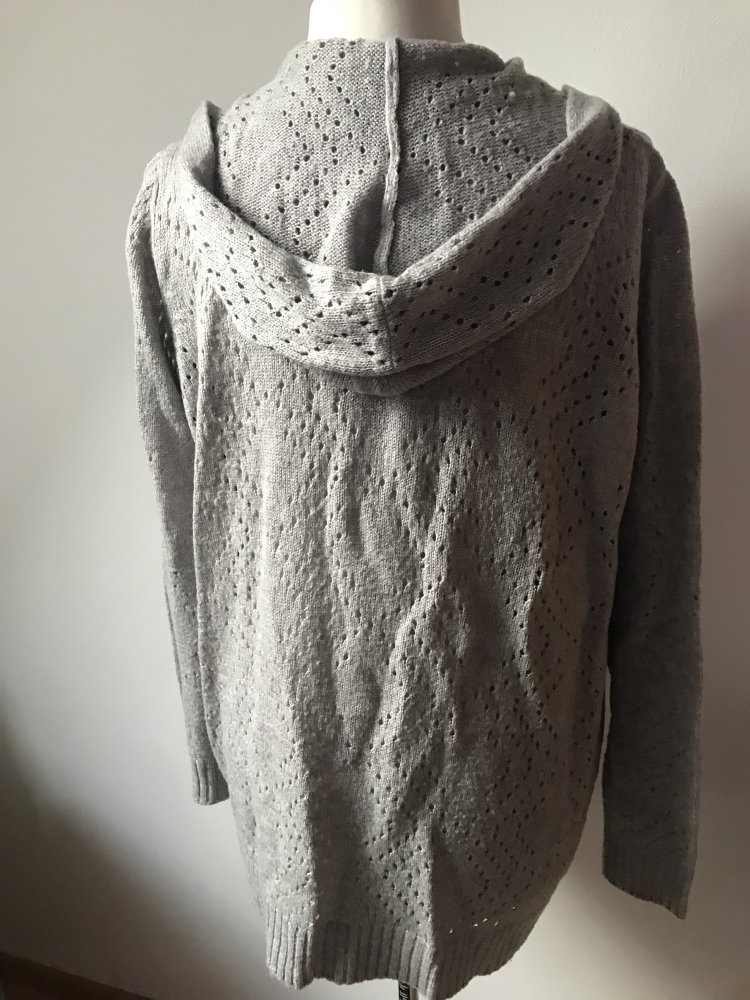 Strickjacke Kimono 44 grau Lochmuster Cardigan mit Kapuze 