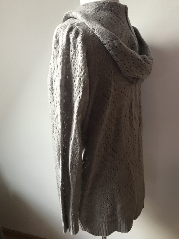 Strickjacke Kimono 44 grau Lochmuster Cardigan mit Kapuze 