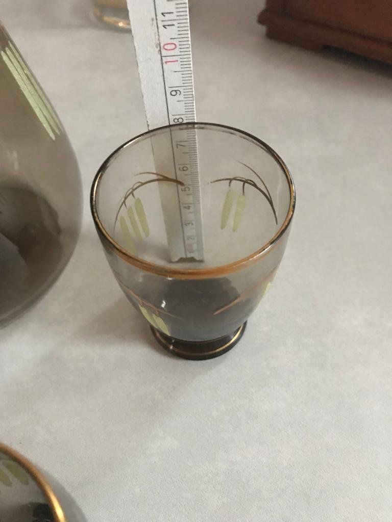 Krug Glas Henkelkrug 60s Rauchglas Set Motiv Ähre Midcentury Deko Bauhaus Aerea Cottage rare Karaffe Antik