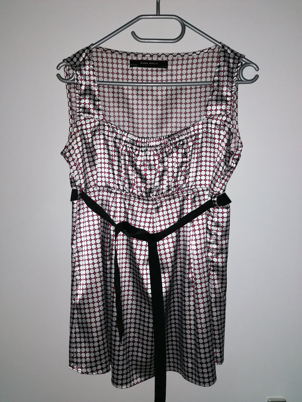 Bluse Top Zara Basic Gr. L silber rot Kreise seiden glänzend