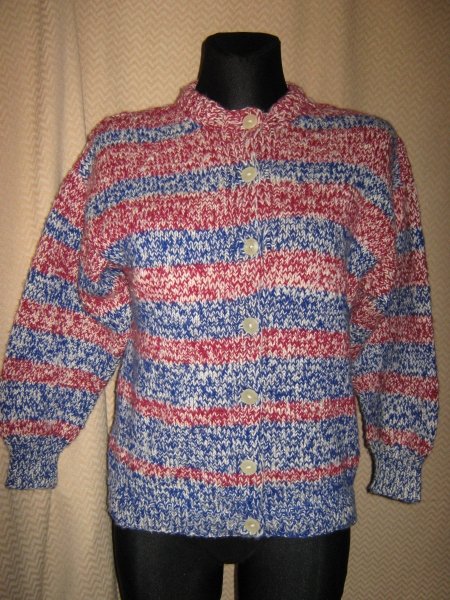  NEU * Original VINTAGE * Selbst gestrickt * Handmade * ausgefallen * kuschelig * Wolle * Cardigan * Strickjacke * Gr. 38- 40/ S- M * rot * blau * natur-weiß *
