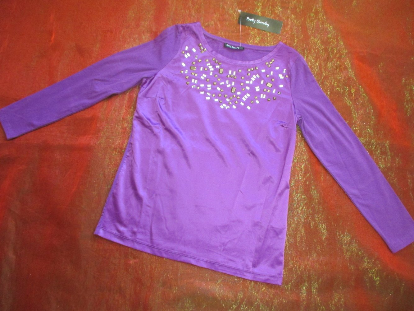 NEU mit ETIKETT * Antik- Gold Nieten * Glitzer * Strass * Kristalle * Seiden- Satin * Longsleeve * Tunika * T- Shirt 