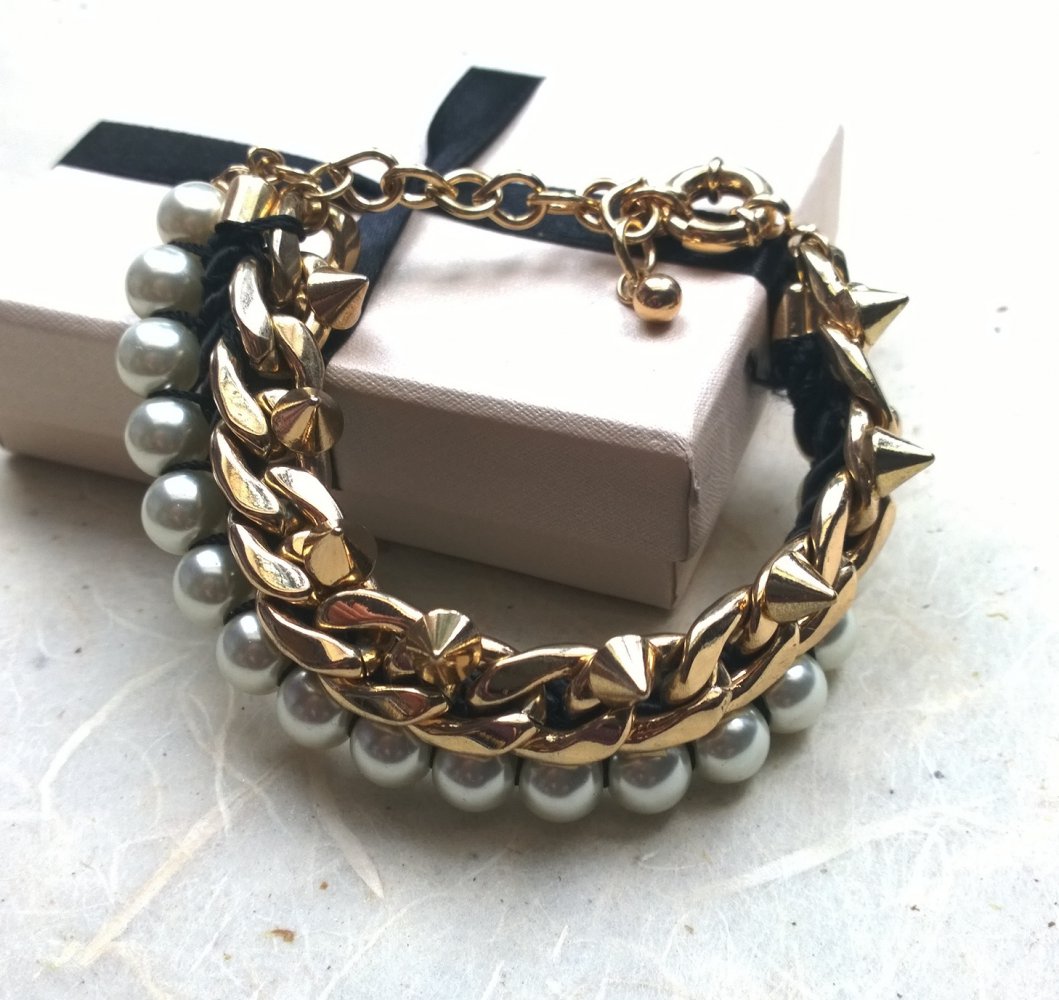 Gliederarmband, gold, Modeschmuck, Perlen, Nieten