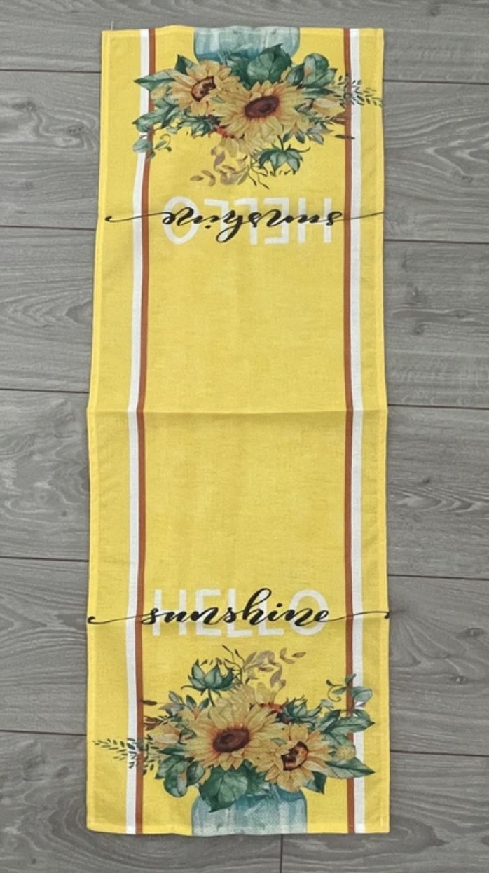 NEU * Edel * stylisch * DESIGNER * Sonnenblumen * Sonnen- Blumen * Blüten * Flower- Power * Leinen * Tischdecke * Tisch * Decke * Läufer * zitronen-gelb * grün * weiß *